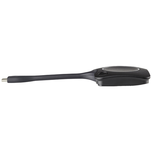 Schwarzes, ovales Konferenzgerät mit USB-Anschluss für kabellose Präsentationen.
